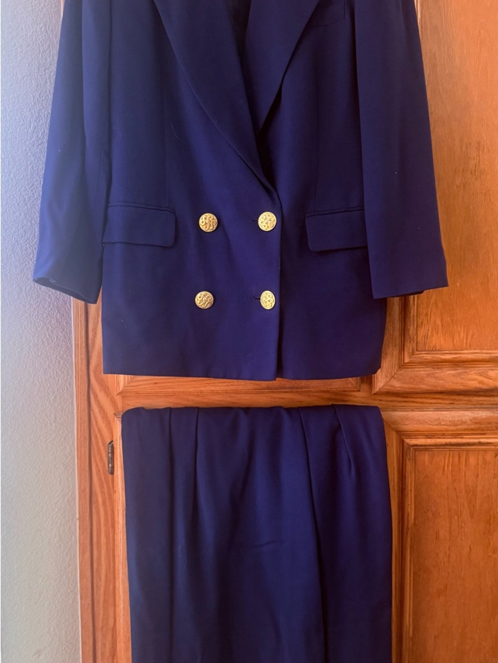 Navy Double-Breasted Blazer and Skirt Set with Gold Buttons
